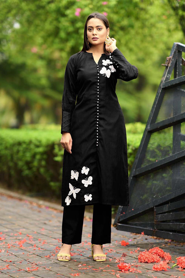Black Hand Embroidery Art Silk Straight Cut Suit Set