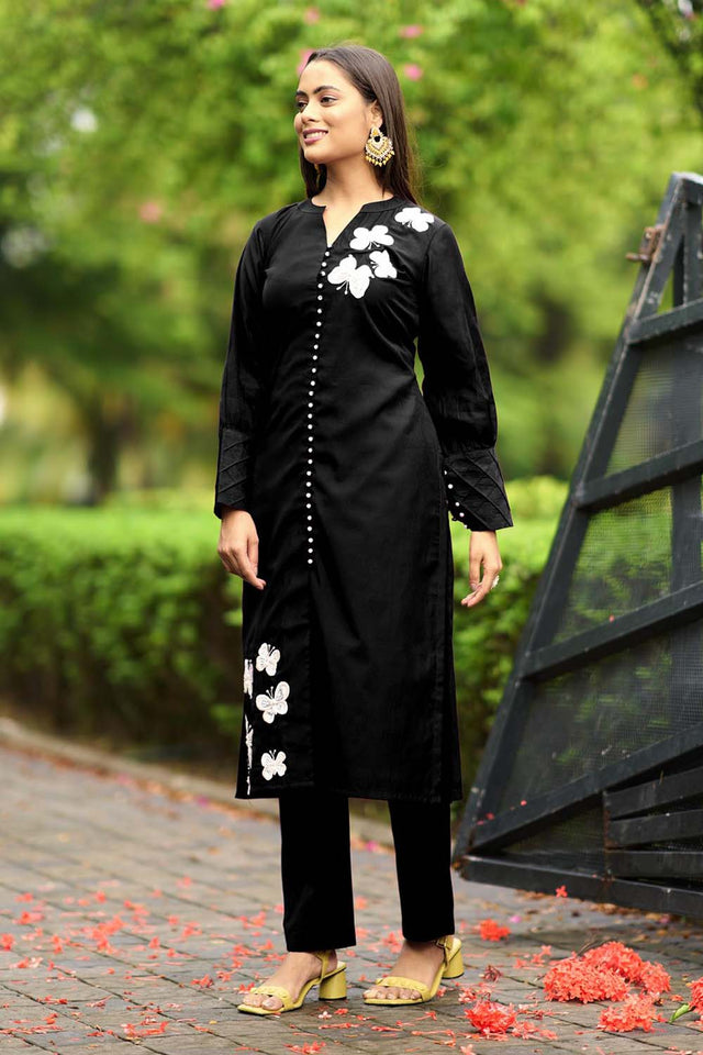 Black Hand Embroidery Art Silk Straight Cut Suit Set