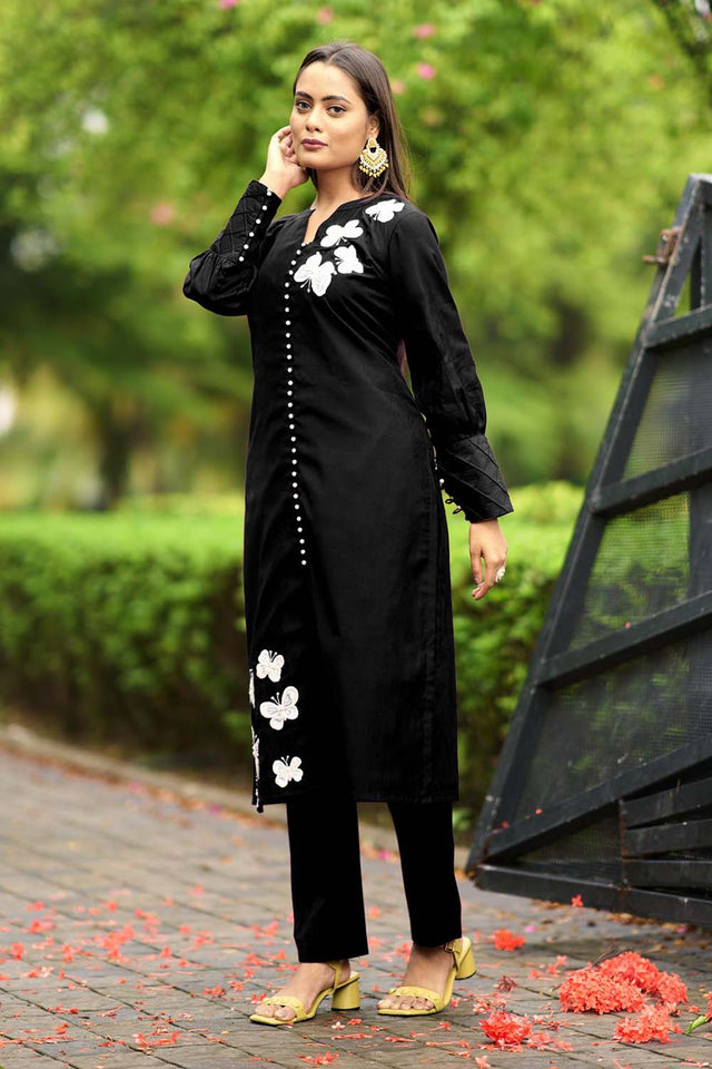 Black Hand Embroidery Art Silk Straight Cut Suit Set
