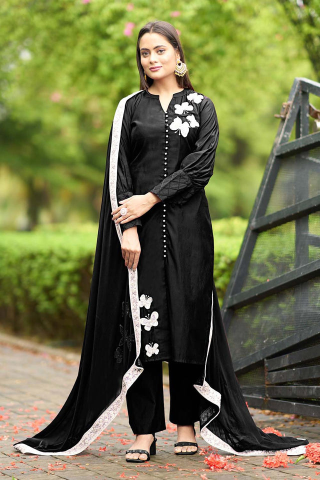Black Art Silk Embroidered Kurti Pant Set
