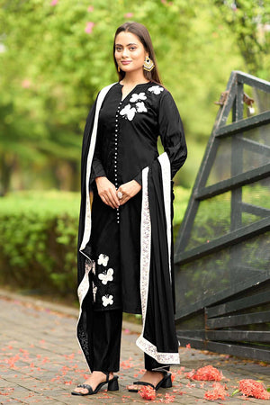 Black Art Silk Embroidered Kurti Pant Set