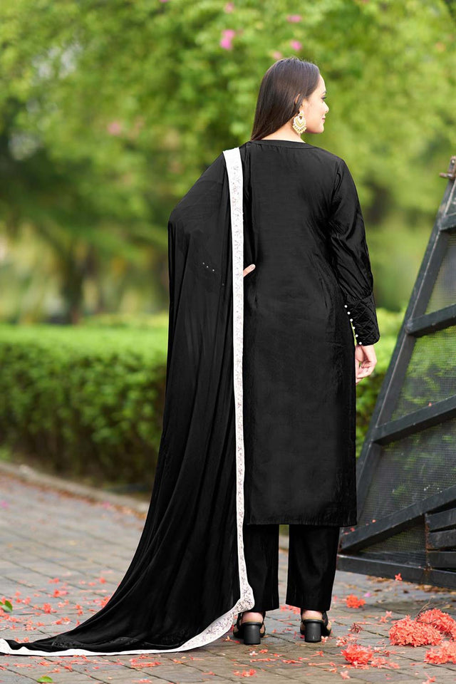 Black Art Silk Embroidered Kurti Pant Set