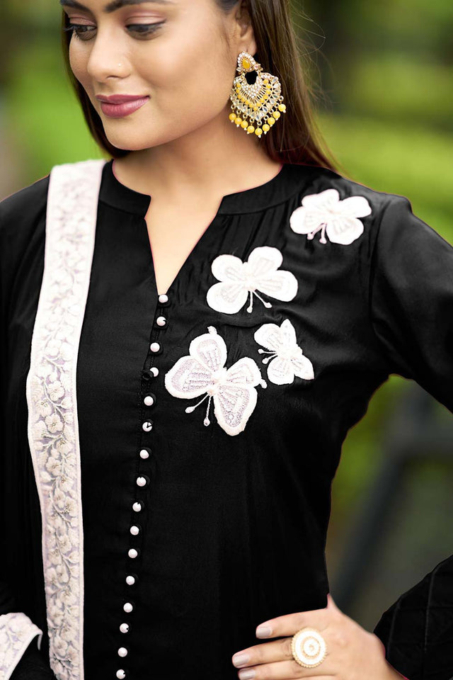 Black Art Silk Embroidered Kurti Pant Set