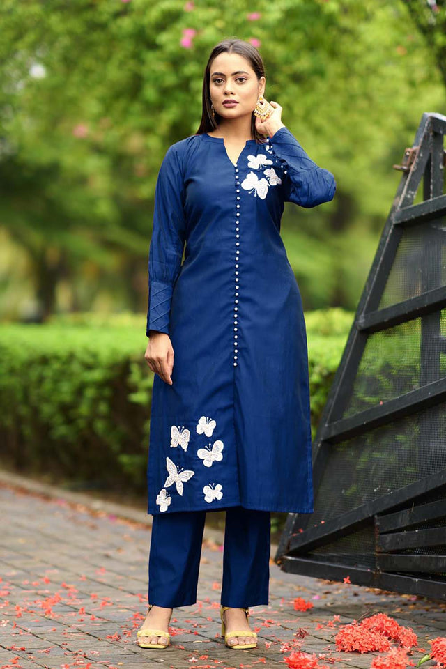 Blue Hand Embroidery Art Silk Straight Cut Suit Set