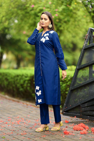 Blue Hand Embroidery Art Silk Straight Cut Suit Set