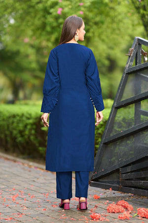 Blue Hand Embroidery Art Silk Straight Cut Suit Set