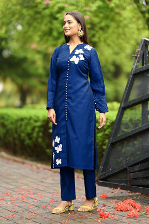 Blue Hand Embroidery Art Silk Straight Cut Kurti Pants Set
