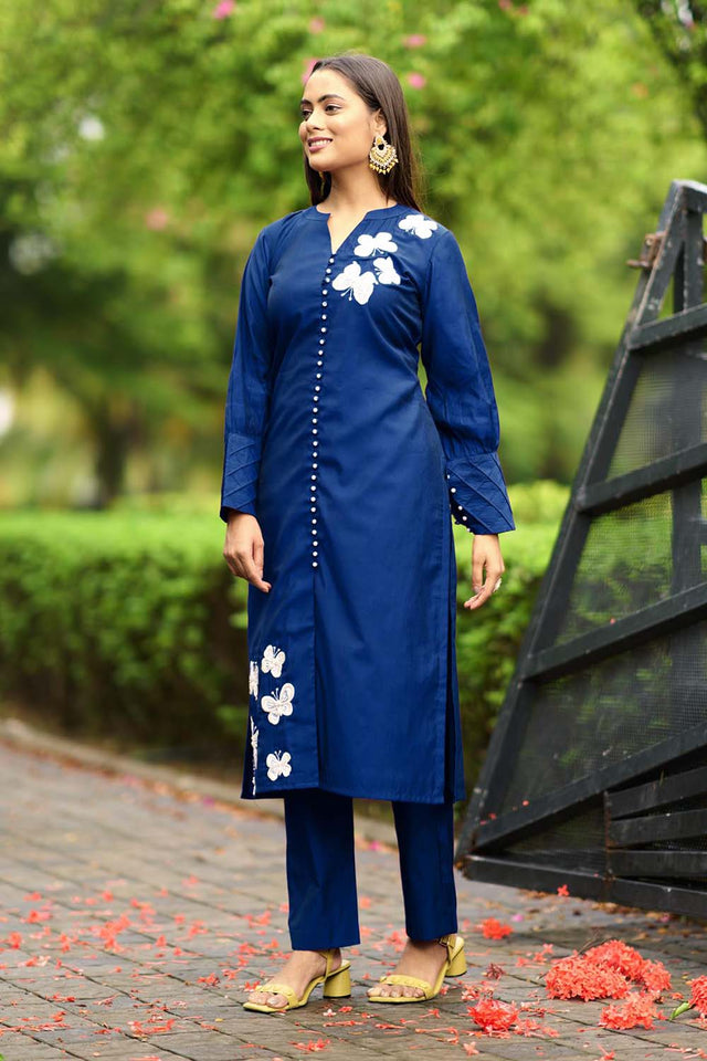 Blue Hand Embroidery Art Silk Straight Cut Kurti Pants Set