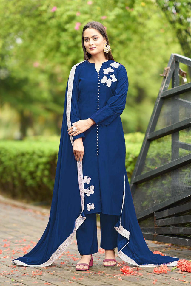 Blue Art Silk Embroidered Kurti Pant Set