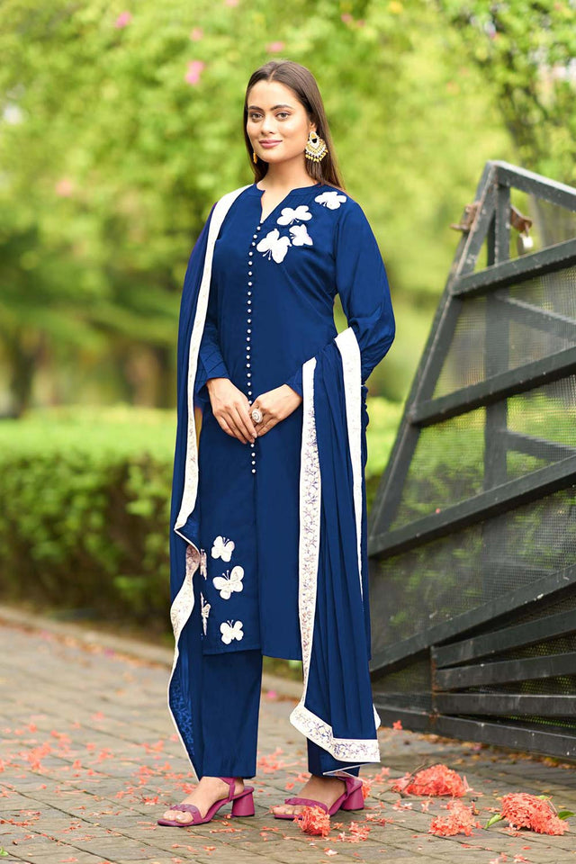 Blue Art Silk Embroidered Kurti Pant Set