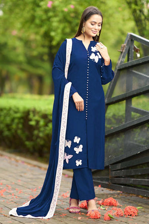 Blue Art Silk Embroidered Kurti Pant Set