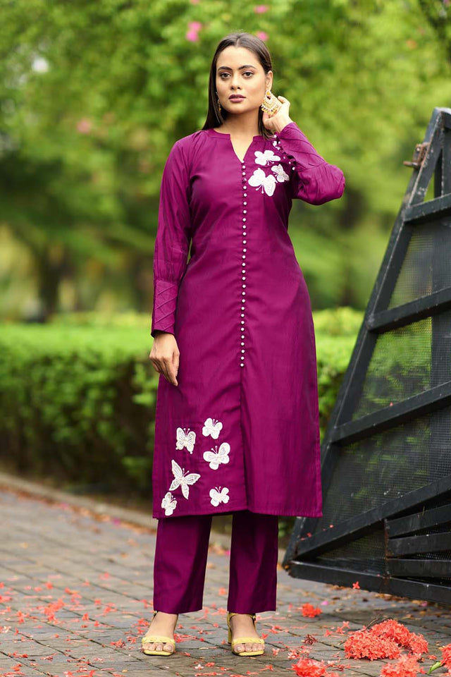 Dark-Pink Hand Embroidery Art Silk Straight Cut Suit Set