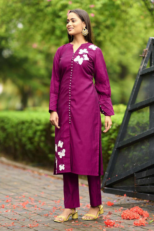 Dark-Pink Hand Embroidery Art Silk Straight Cut Suit Set