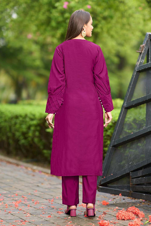 Dark-Pink Hand Embroidery Art Silk Straight Cut Kurti Pants Set