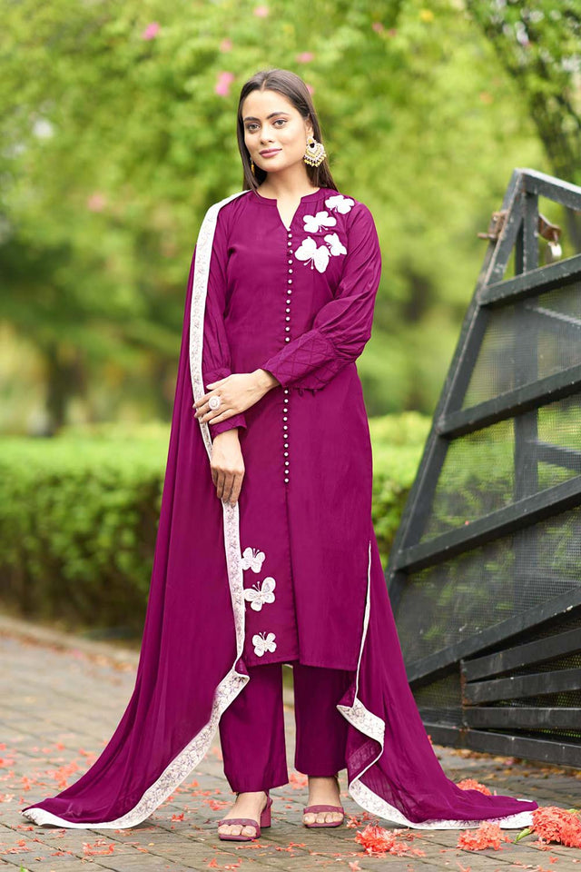 Pink Art Silk Embroidered Kurti Pant Set