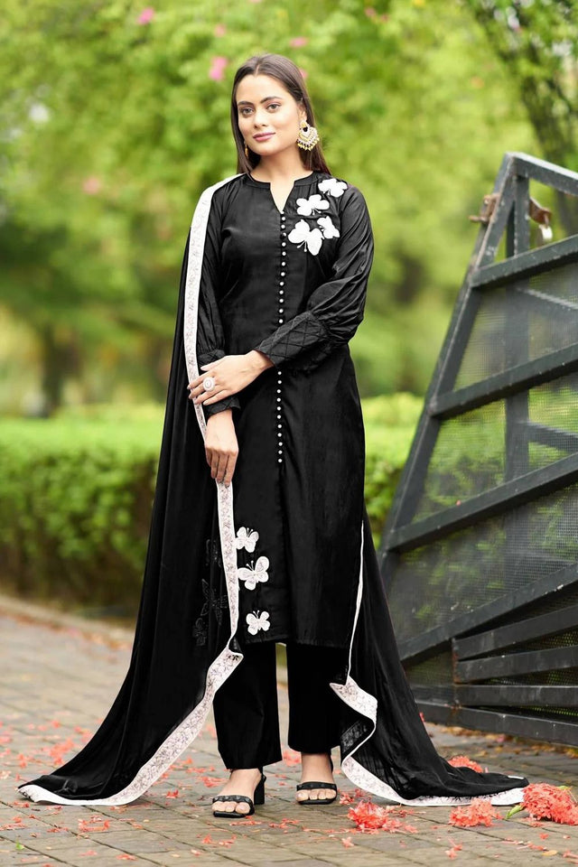 Black Embroidered Art Silk Kurti Pant Set (NC2225BSKD)