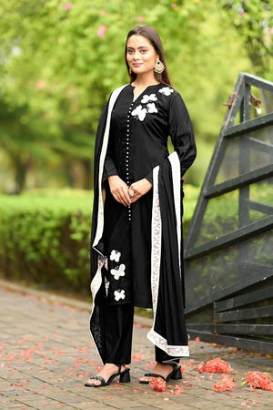 Black Embroidered Art Silk Kurti Pant Set (NC2225BSKD)