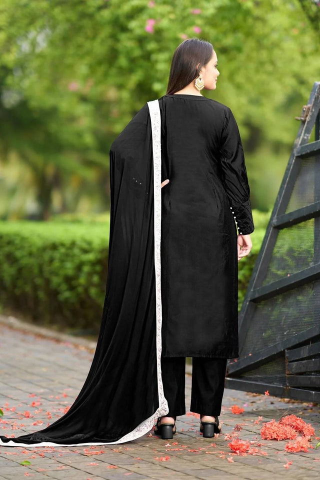 Black Embroidered Art Silk Kurti Pant Set (NC2225BSKD)
