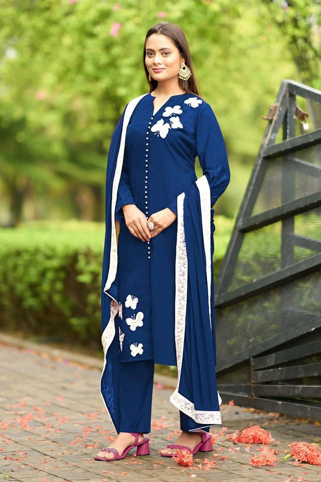 Violet Embroidered Art Silk Kurti Pant Set (NC2225CSKD)