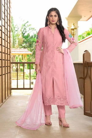 Light Pink Embroidered Art Silk Kurti Pant Set (NC2226ASKD)