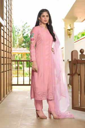 Light Pink Embroidered Art Silk Kurti Pant Set (NC2226ASKD)