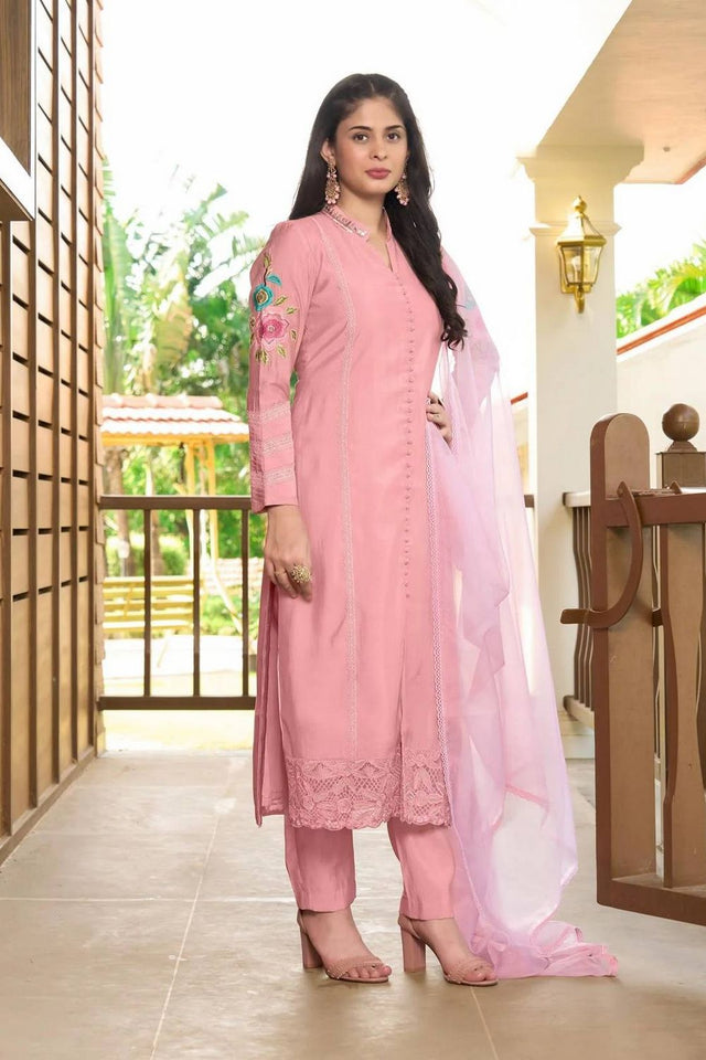 Light Pink Embroidered Art Silk Kurti Pant Set (NC2226ASKD)