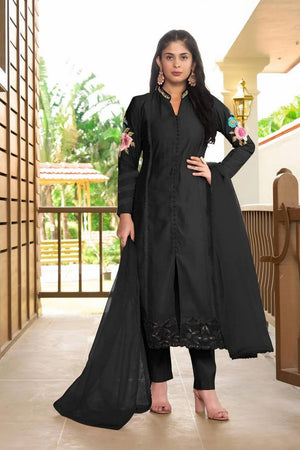Black Embroidered Art Silk Kurti Pant Set (NC2226BSKD)