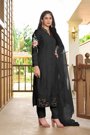 Black Embroidered Art Silk Kurti Pant Set (NC2226BSKD)