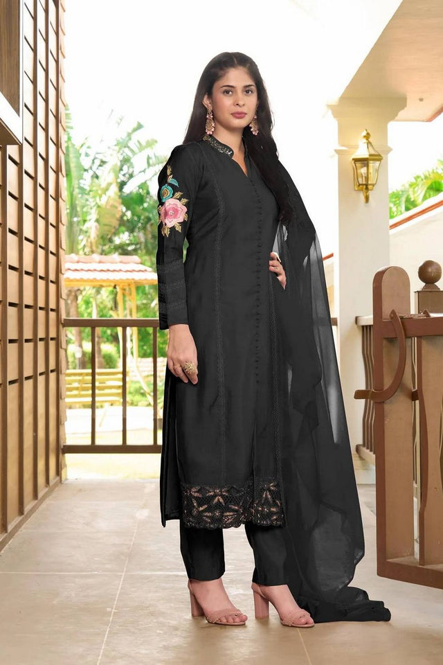 Black Embroidered Art Silk Kurti Pant Set (NC2226BSKD)