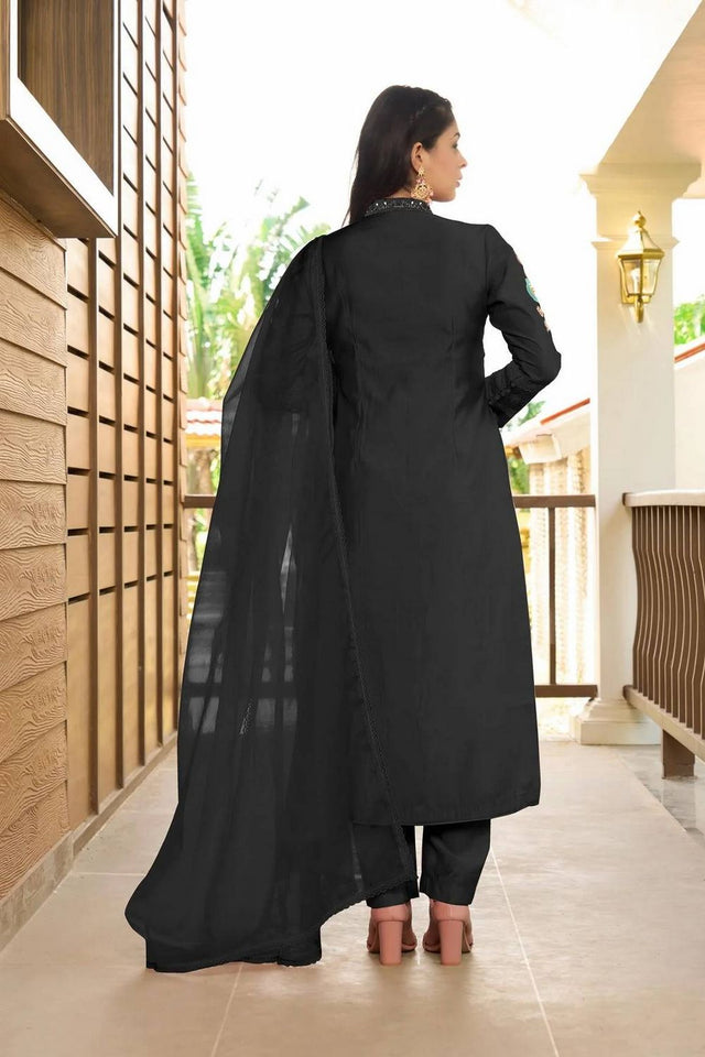 Black Embroidered Art Silk Kurti Pant Set (NC2226BSKD)