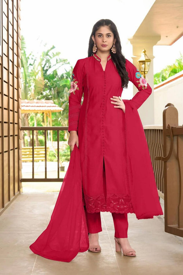Pink Embroidered Art Silk Kurti Pant Set (NC2226CSKD)