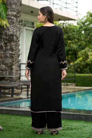 Black Hand Embroidery Art Silk Straight Cut Suit Set
