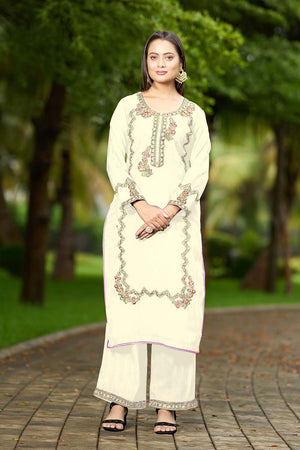 Cream Hand Embroidery Art Silk Straight Cut Suit Set