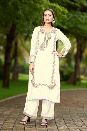Cream Hand Embroidery Art Silk Straight Cut Suit Set