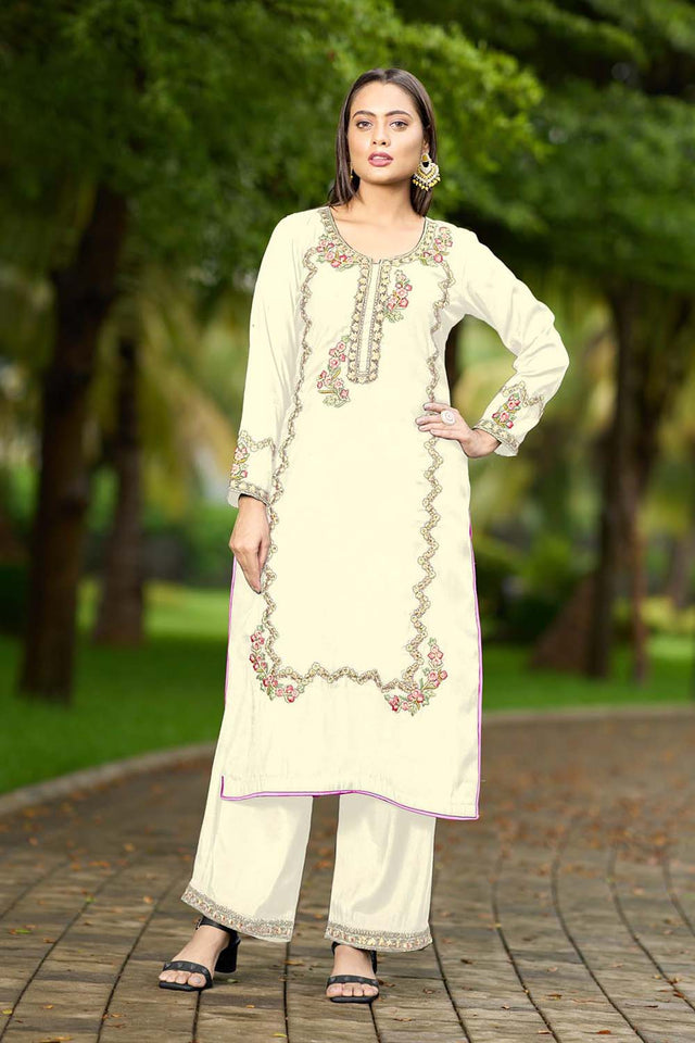 Cream Hand Embroidery Art Silk Straight Cut Suit Set