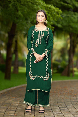 Green Hand Embroidery Art Silk Straight Cut Suit Set