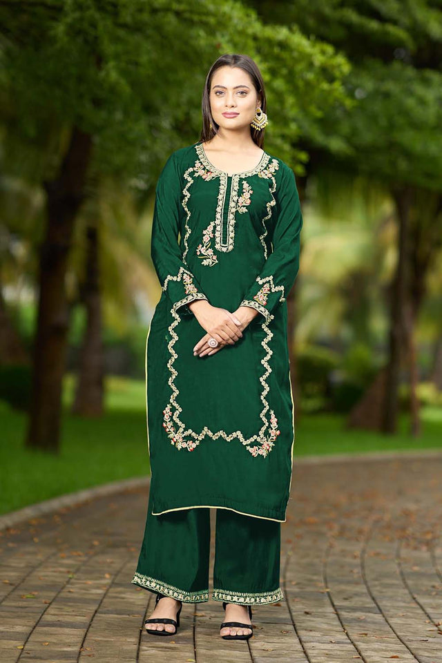 Green Hand Embroidery Art Silk Straight Cut Suit Set