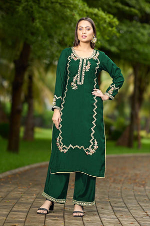 Green Hand Embroidery Art Silk Straight Cut Suit Set