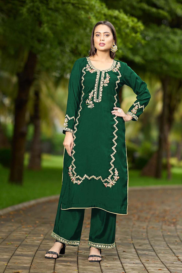Green Hand Embroidery Art Silk Straight Cut Suit Set