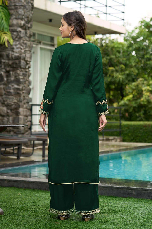 Green Hand Embroidery Art Silk Straight Cut Suit Set