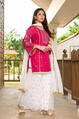 Pink Embroidered Cotton Silk Kurti Pant Set (NC2229ASKD)