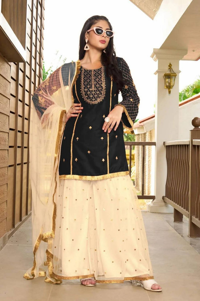 Black Floral Embroidered Cotton Silk Kurti Palazzo Set (NC2229BSKD)
