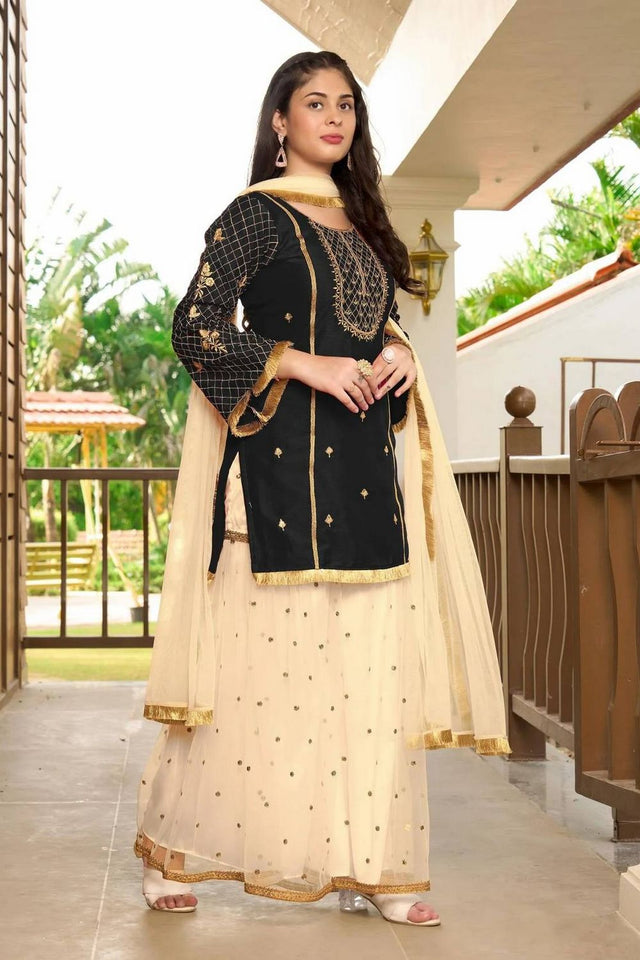 Black Floral Embroidered Cotton Silk Kurti Palazzo Set (NC2229BSKD)