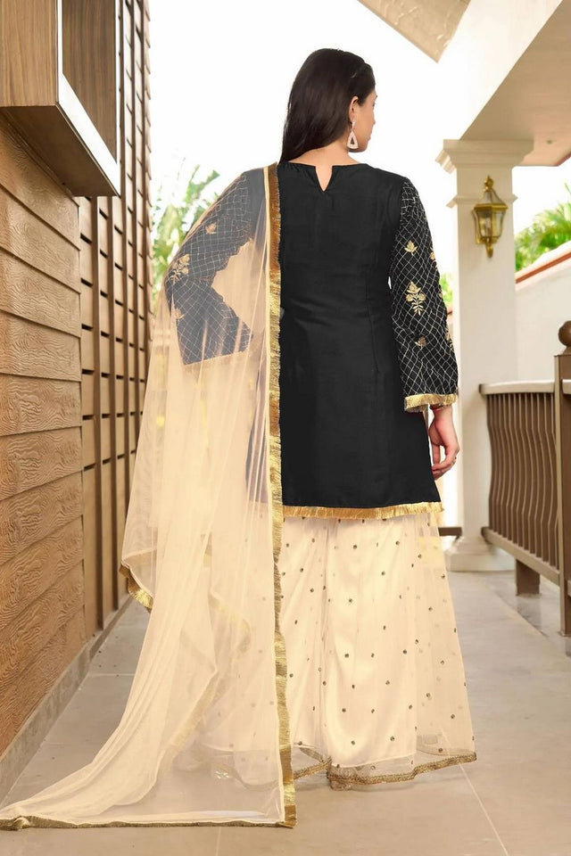 Black Floral Embroidered Cotton Silk Kurti Palazzo Set (NC2229BSKD)