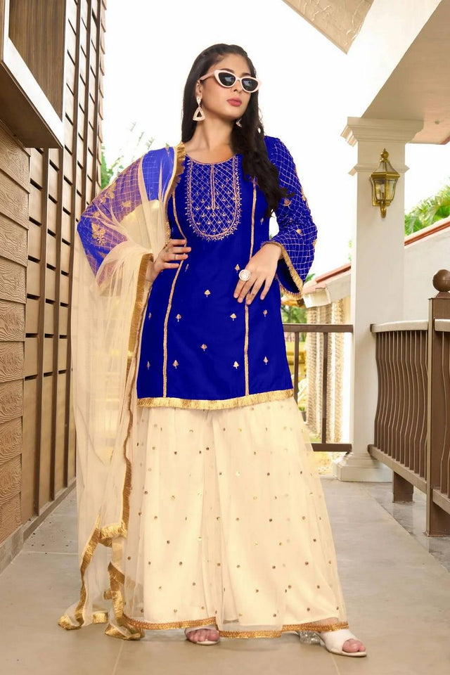Blue Floral Embroidered Cotton Silk Kurti Palazzo Set (NC2229CSKD)