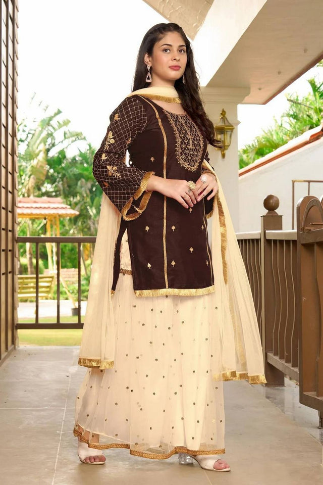 Brown Floral Embroidered Cotton Silk Kurti Palazzo Set (NC2229DSKD)