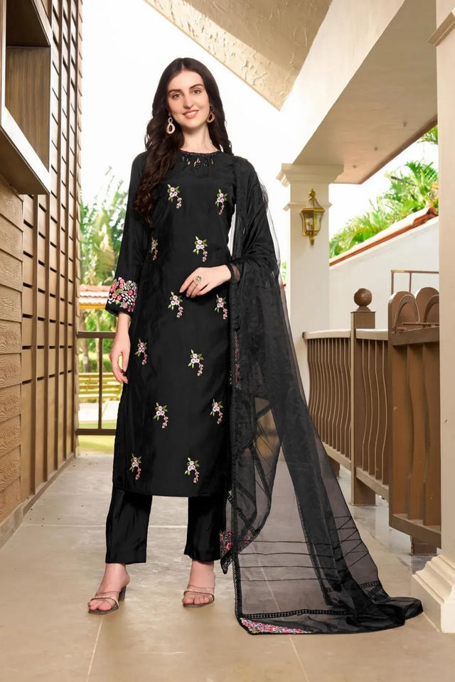 Black Floral Embroidered Art Silk Kurti Palazzo Set (NC2230ASKD)