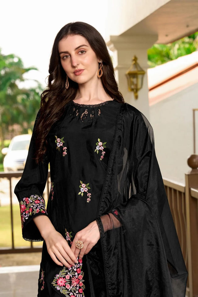 Black Floral Embroidered Art Silk Kurti Palazzo Set (NC2230ASKD)
