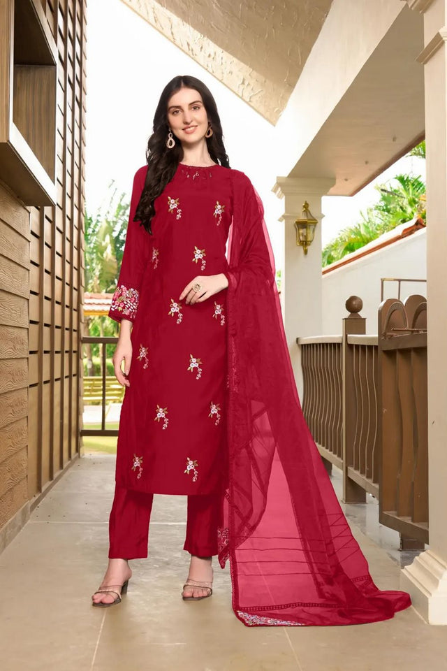Maroon Embroidered Art Silk Kurti Pant Set (NC2230BSKD)