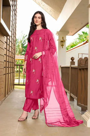 Pink Embroidered Art Silk Kurti Pant Set (NC2230CSKD)